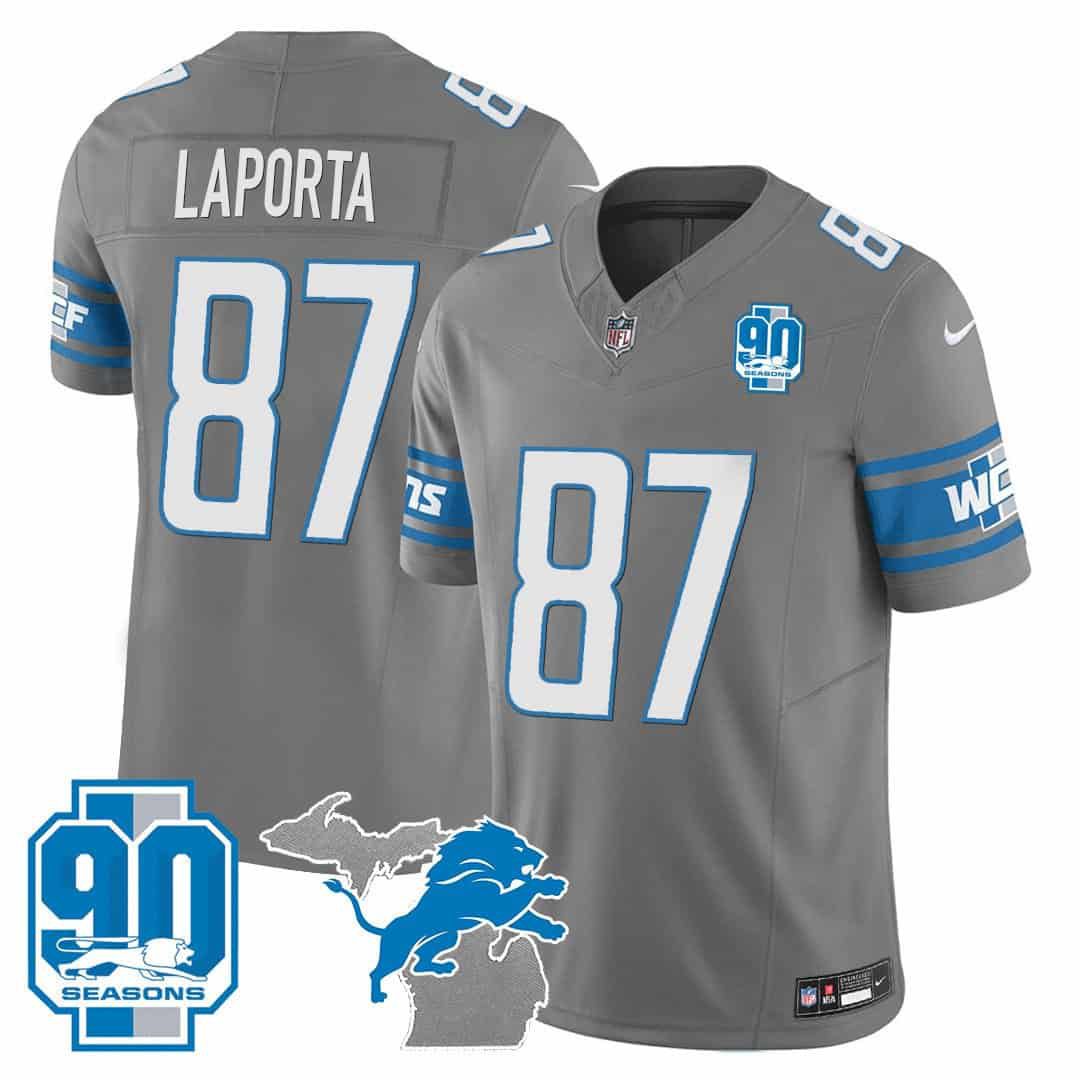 Men Detroit Lions 87 Laporta Grey 2024 Nike 90th Year Michigan Patch Vapor NFL Jersey